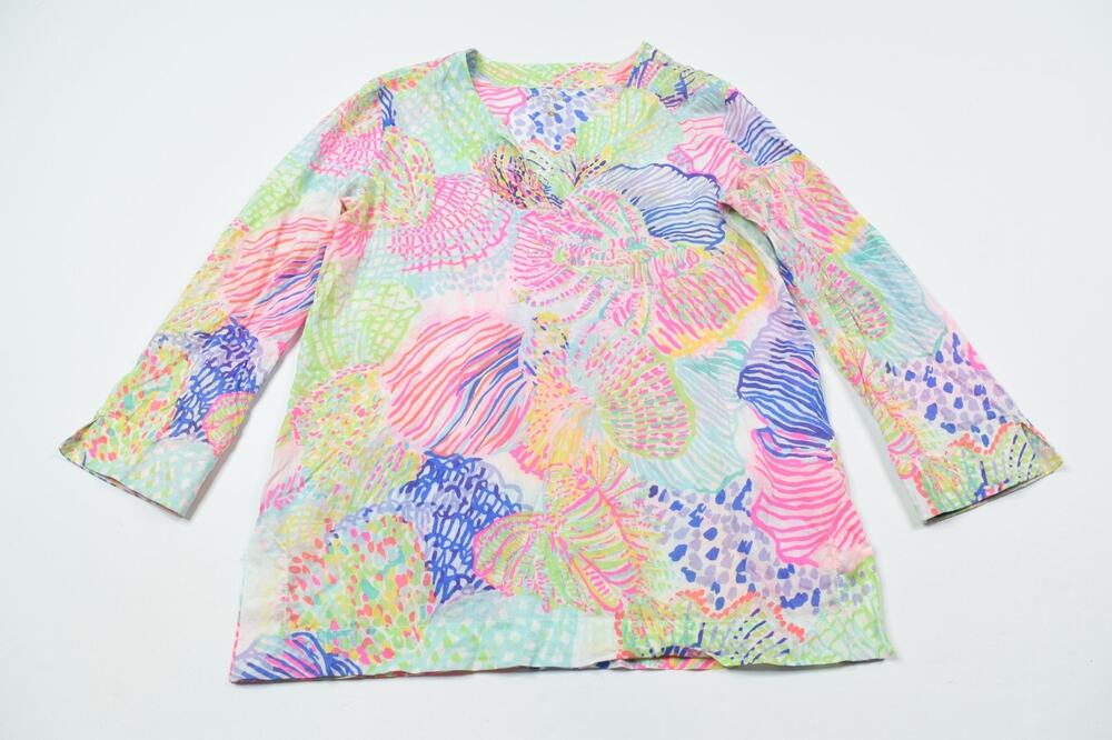 Lilly Pulitzer Amelia Island Tunic Top Womens Small Blue Pink Seashell V-Neck